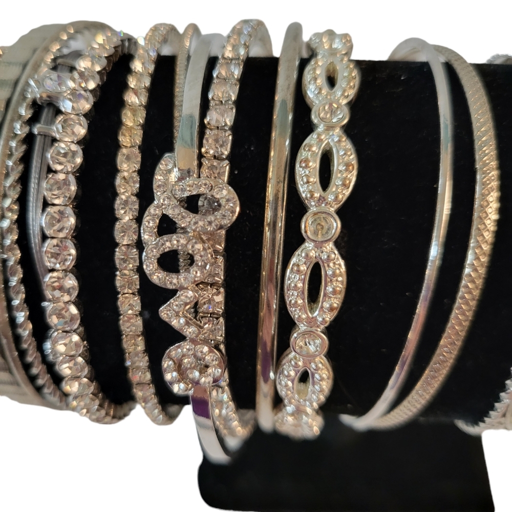 Silvertone Rhinestone Bangle Bracelet Set 28 - image 4